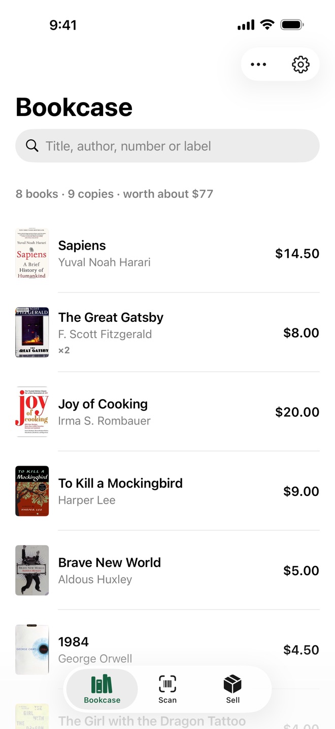 The Bookcase tab: every book with its cover, title, author and value, and the total at the top