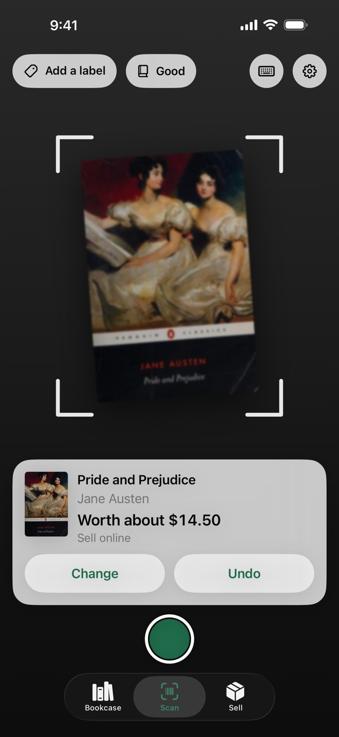 The Scan tab: the camera reads a book, and a card shows its title, author and value
