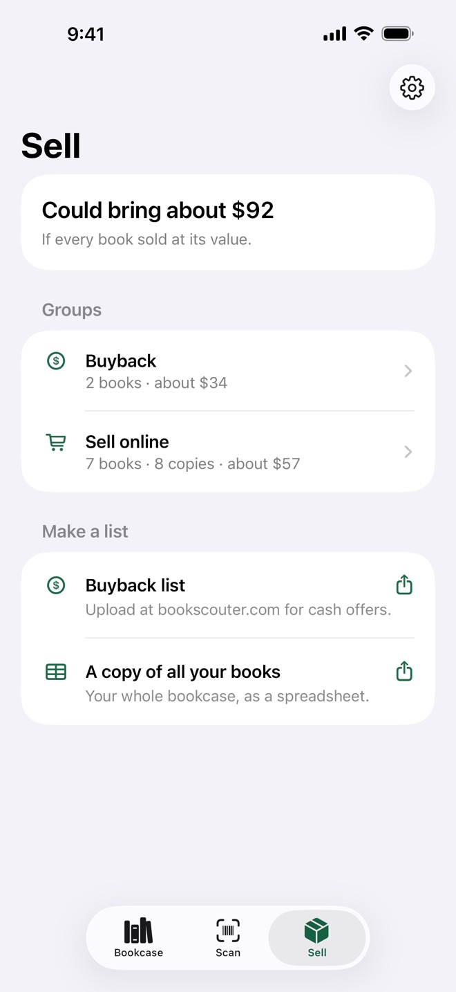 The Sell tab: books sorted into buyback and sell online groups, with lists to make