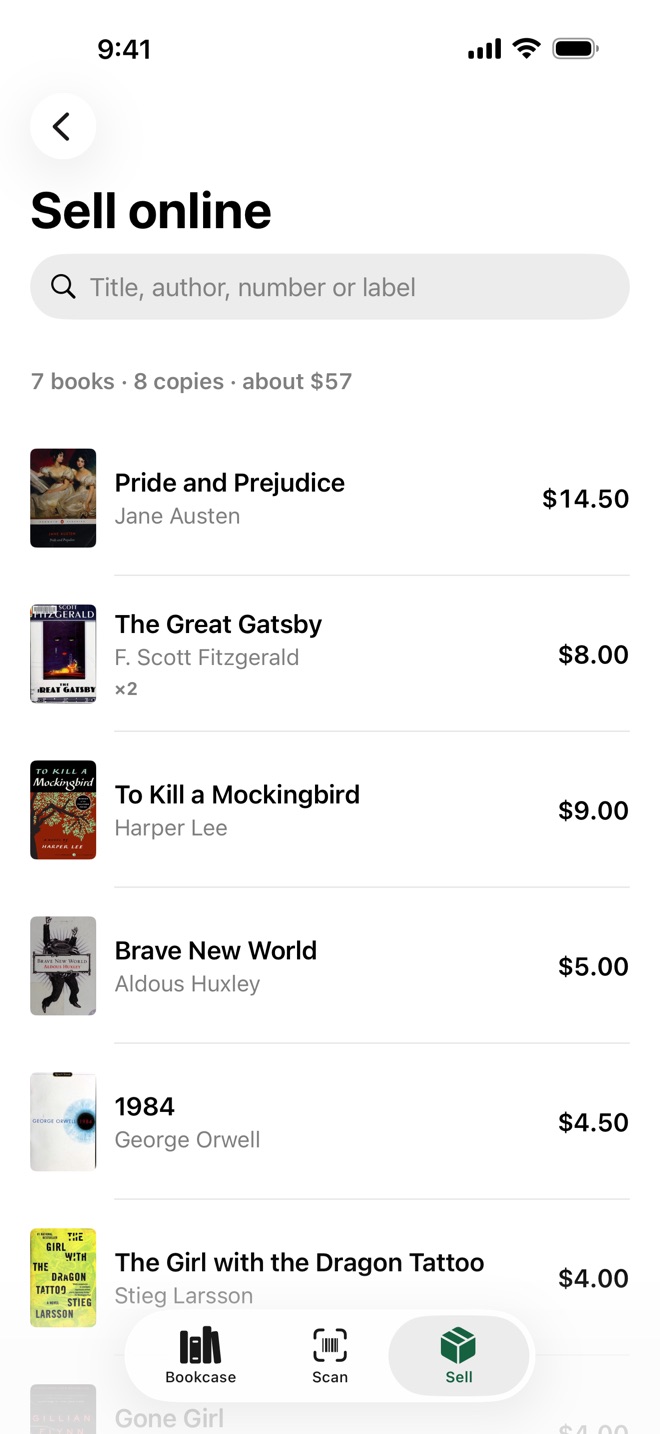 A group: the books to sell online, with their values